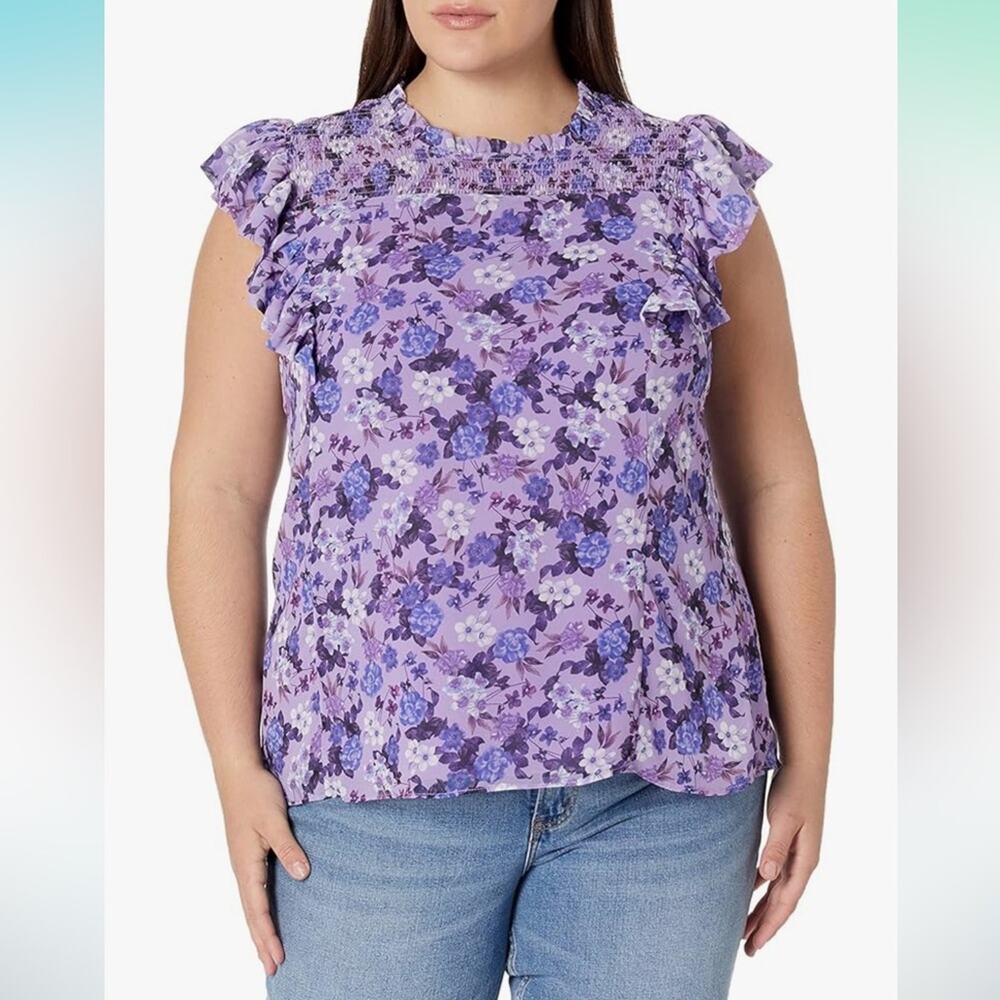 City Chic Bella Purple Floral Smocked Ruffle Sleeveless Blouse M / 18